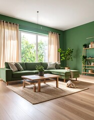 Fototapeta premium Green living room interior with sofa, rug and wooden furniture