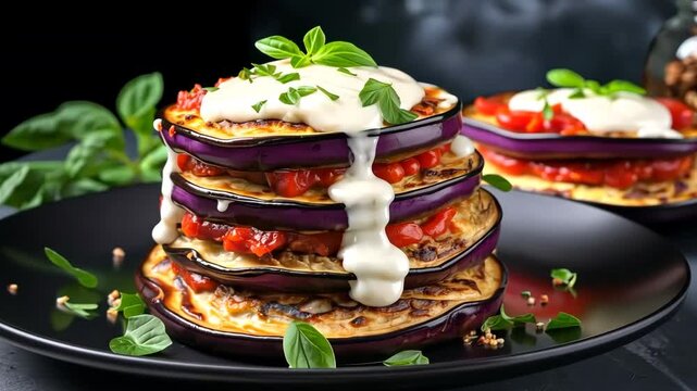 Delicious grilled eggplant parmigiana stacked high on a black plate, featuring layers of eggplant, tomato sauce, creamy yogurt, and fresh basil leaves