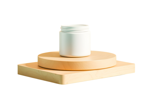 White jar of cream on a wooden stand isolated on white background.