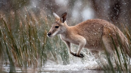 Fototapeta premium A kangaroo gracefully leaps through a rain-soaked wetland, splashing water amidst tall grasses