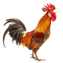 A colorful rooster crowing loudly in the morning isolated on a transparent background