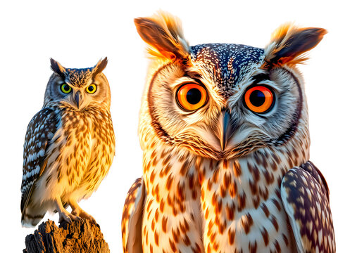 Owl and owl isolated on white background. Bird of prey.