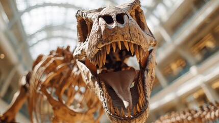 Fototapeta premium A detailed close-up of a fossilized T-Rex skull, showcasing its menacing teeth and powerful jaw, displayed prominently in a bright museum setting, evoking awe and curiosity.