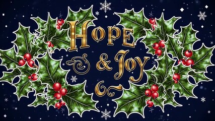 Festive animated greeting with holly leaves, red berries, snowflakes and golden “Hope & Joy” text, symbolizing Christmas celebration, warmth, and seasonal holiday spirit - Powered by Adobe