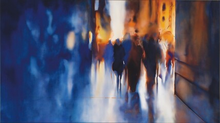Dynamic Urban Evening: An Abstract Expression of Movement, Shadows, and Light in a Colorful Cityscape with Figures and Silhouettes in Transition, Capturing the Energy of Contemporary Art