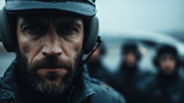 A determined man with a beard and headset gazes intensely, embodying leadership and focus in a tactical environment with a blurred background of his team behind him.
