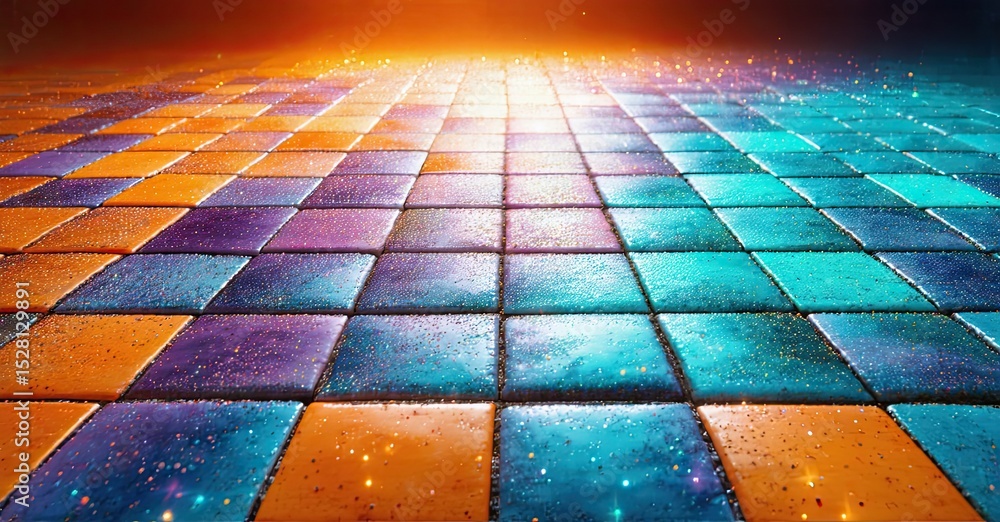 Poster bright colorful grid extends toward distant light source. squares vary hues, creating vibrant perspe