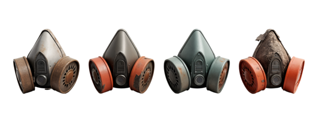 A row of four different types of gas masks.