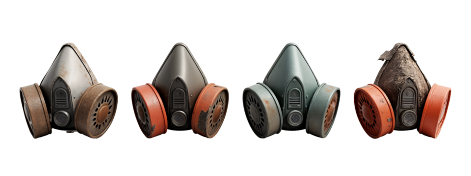 A row of four different types of gas masks.