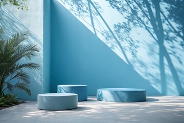Panoramic abstract blue background for product presentation with sunlight and blurred shadows wall. 
