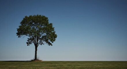 Obraz premium Lone Tree on Horizon: A single tree stands majestically against a clear blue sky in the distance on the horizon on top of hill on grass.