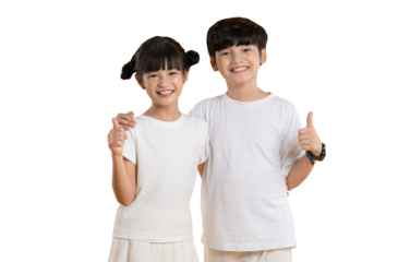 Portrait of Asian kid girl and kid boy posing on PNG  background	