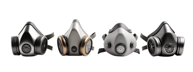 A row of three different colored gas masks