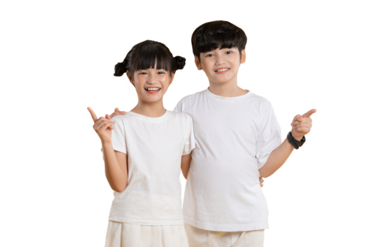 Portrait of Asian kid girl and kid boy posing on PNG  background	