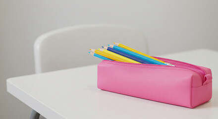 Pink pencil case with colored pencils on white table