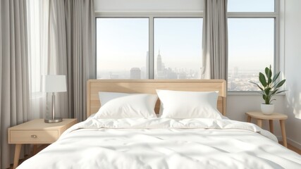 Minimalist bedroom interior featuring a bright, airy atmosphere, light wood furniture, soft linens, and a cityscape view outside the window