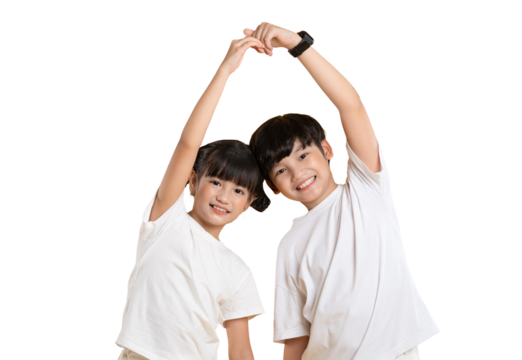 Portrait of Asian kid girl and kid boy posing on PNG  background	