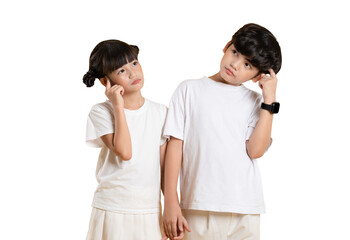 Portrait of Asian kid girl and kid boy posing on PNG  background	