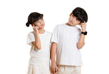 Portrait of Asian kid girl and kid boy posing on PNG  background	