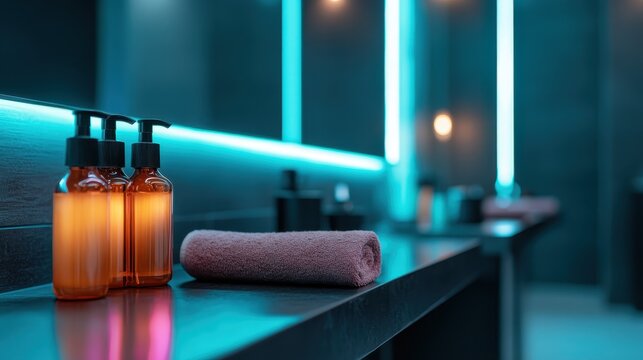 A serene spa interior featuring elegant bottles of wellness products and a plush towel, designed for relaxation and self-care with calming lighting effects. - Powered by Adobe