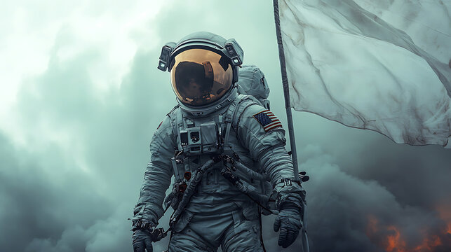Lone Astronaut Planting Flag on Desolate Alien Planet Amidst Smoke and Fire