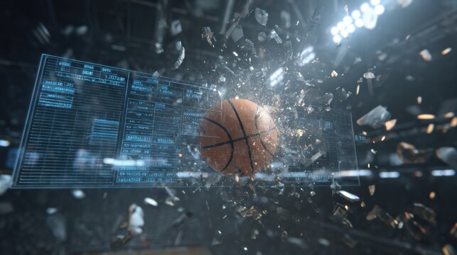 Flying Basketball Shattering Digital Tournament Bracket Screen in an Arena During a Competitive Sports Event