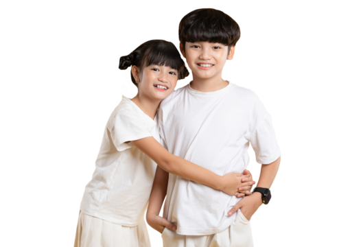Portrait of Asian kid girl and kid boy posing on PNG  background	