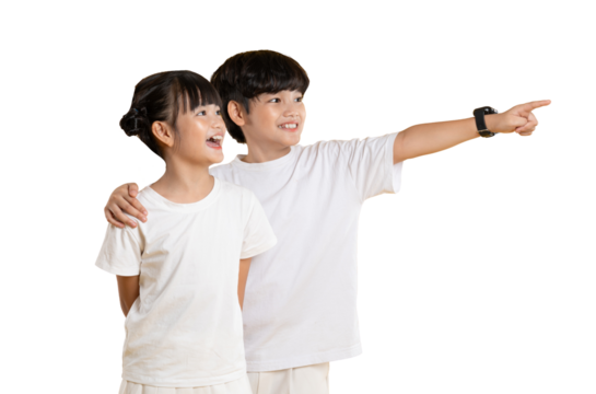 Portrait of Asian kid girl and kid boy posing on PNG background - Powered by Adobe