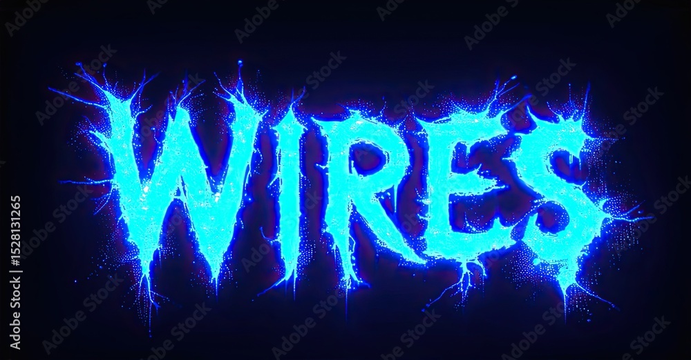 Poster bright blue text spells wires against dark background. electric sparks radiate from lettering, creat