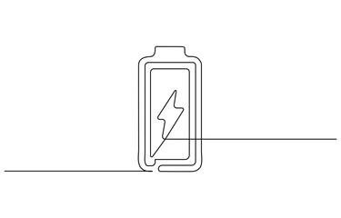 One continuous line drawing of battery charging with lightning bolt energy symbol,  Battery icon continuous one line drawing, outline drawing of Battery with bolt symbol.