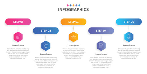 Modern Horizontal progress bar featuring 5 shaped elements, symbolizing the five stages of business strategy and progression. Clean timeline infographic design template. Vector for presentation