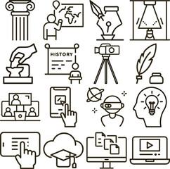 Fototapeta premium Educational and Technological Icons History, Learning, Communication, Media, Virtual Reality, and Creative Thinking Outline Style
