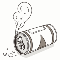 Cartoon soda can spilling contents with bubbles and steam  