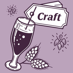 Craft beer glass with hops illustration on purple background  