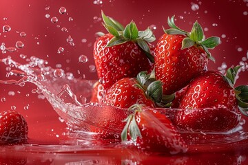 Vibrant Strawberries Splashing in Water with Droplets Against a Bold Red Background