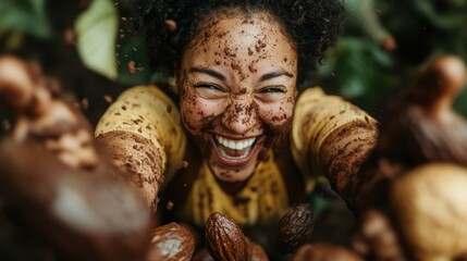 A joyful woman bursts into laughter while covered in cocoa beans, capturing the playful side of chocolate production and the excitement of culinary adventures in a lively atmosphere.