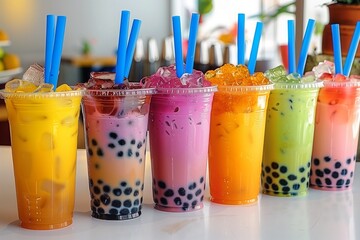 Vibrant Array of Colorful Bubble Tea Flavors with Refreshing Toppings and Blue Straws