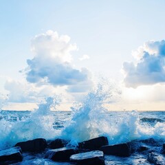 Tranquil Ocean Waves: Scenic Beach Landscape with Sunlight and Clouds, Serene Shoreline and Dynamic Seascape, Nature's Beauty, Rocks, Foam, and Adventurous Aquatic Horizon