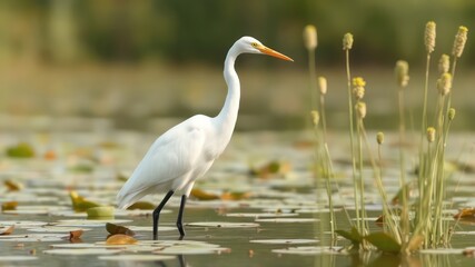 Naklejka premium Elegant white bird with yellow beak is wading in a calm wetland filled with floating green lily pads and tall grasses