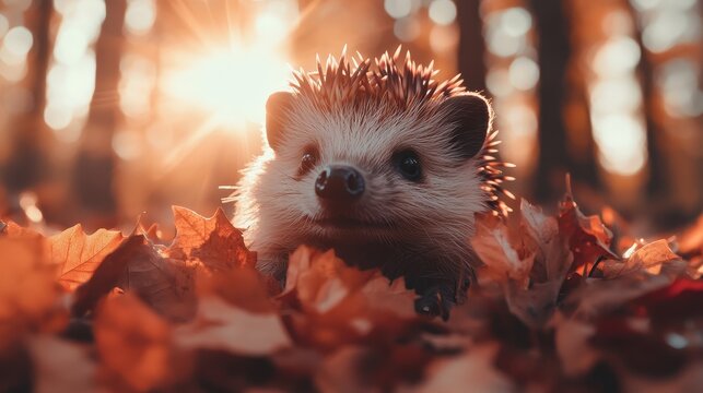 A cute hedgehog peeks through colorful autumn leaves bathed in golden sunset light, capturing the essence of nature's beauty and tranquility in fall's embrace. - Powered by Adobe