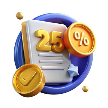  3d Icon of a 25 percent discount offer with gold coins and paper