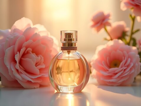 Glass perfume bottle with floral background and warm light creating soft, elegant atmosphere for creative product composition