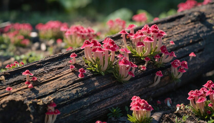 A fallen log covered in pink purslane flowers, tiny mushrooms sprouting from the bark