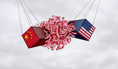 USA China Tariffs Conflict as US and Chinese trade war or American tariff as two opposing cargo freight containers as an international economic dispute over import and exports concept.