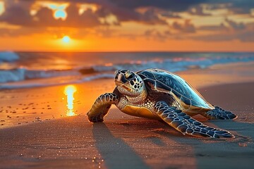 Majestic Sea Turtle Basking on the Shoreline at Sunset with Vibrant Orange Sky