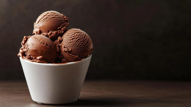 Three delicious scoops of rich chocolate ice cream rest in a bowl, inviting indulgence and evoking joyful moments of sweetness and nostalgia for dessert lovers everywhere.