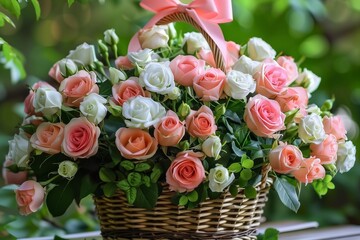 Vibrant pink and white rose basket with lush greenery in a serene garden setting