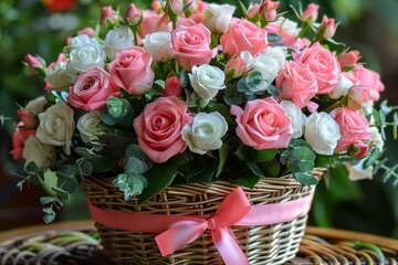 Delicate Basket of Pink and White Roses Adorned with Lush Greenery and a Soft Pink Ribbon