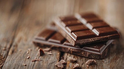 Deliciously rich dark chocolate bars stacked elegantly on a rustic wooden surface, enticing sweet lovers with their glossy texture and tantalizing chocolate aroma.