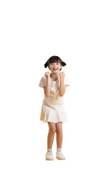Full body image of Asian girl wearing a dress and posing on a PNG background	